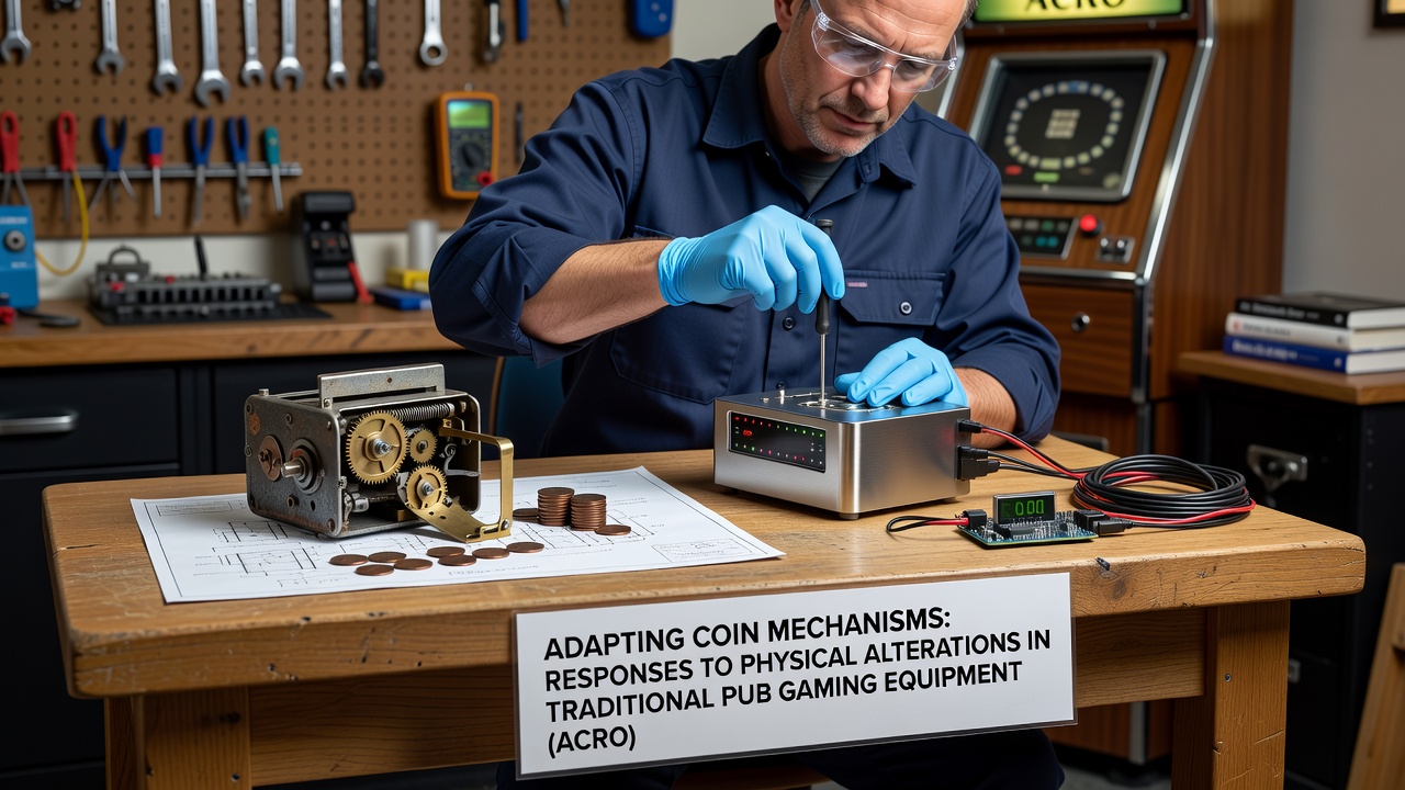 Close-up view of upgraded coin validator with sensor array installed in pub gaming equipment