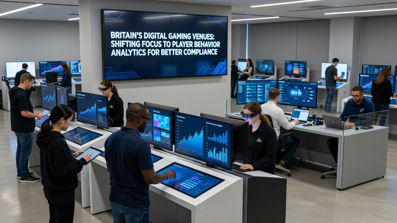 Analytics interface displaying real-time player session data and behavioral trend graphs in a UK gaming venue