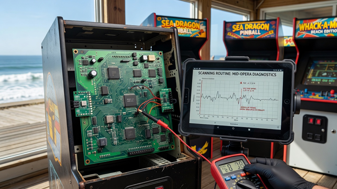 Close-up view of scanning device attached to arcade machine circuit board during active operation