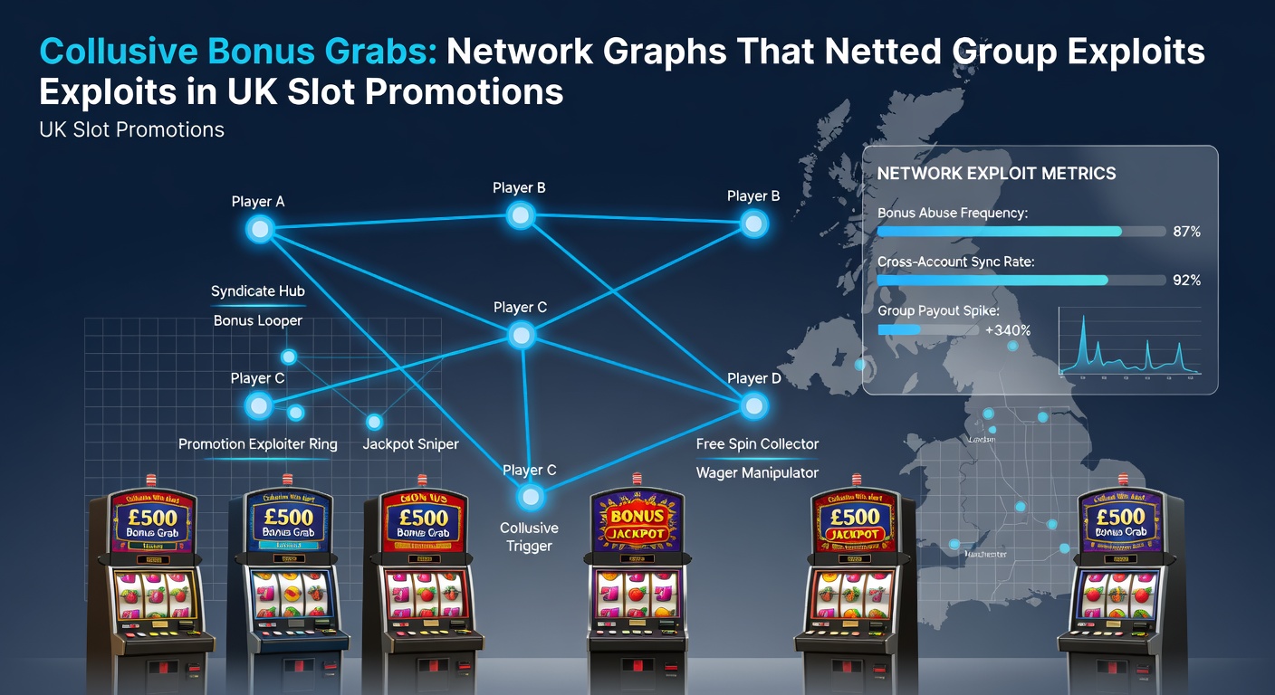 Close-up of a collusive network graph with player nodes, machine edges, and bonus timing overlays from a busted UK slot exploit ring
