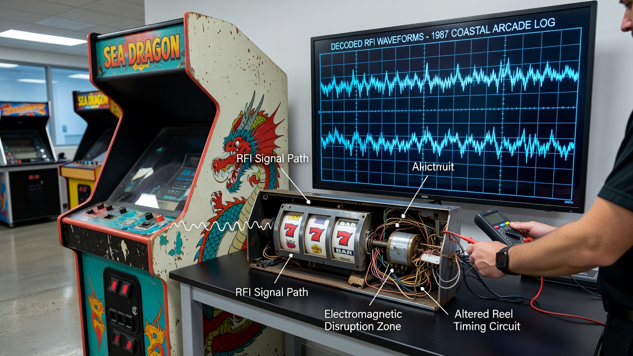 Technical diagram showing radio frequency paths through 1980s arcade machine wiring and reel control circuits