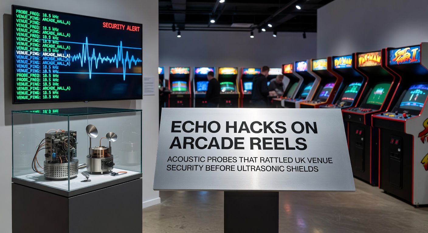 Illustration of ultrasonic shield technology integrated into arcade machine casing, blocking acoustic probes with counter-frequency emitters in a modern UK venue setup