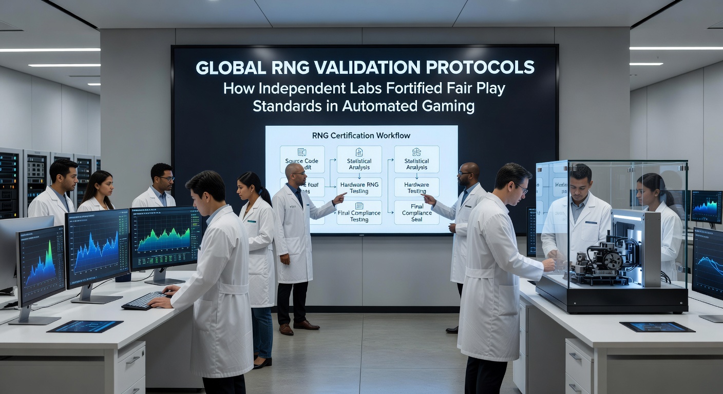 European regulatory meeting where lab representatives present RNG certification findings to gaming authority officials
