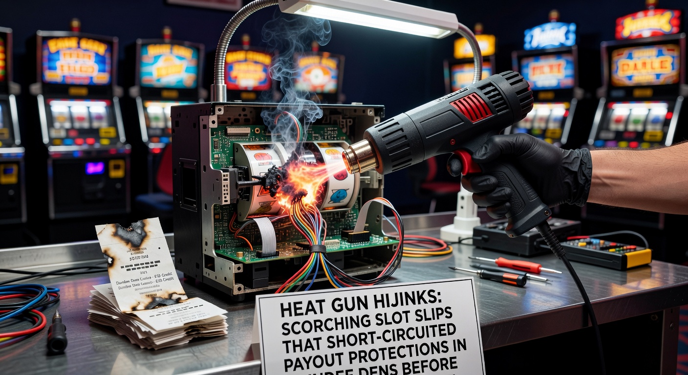 Vintage slot machine in a Dundee arcade with visible heat damage on the payout hopper, surrounded by scattered coins and tools from a cheat attempt