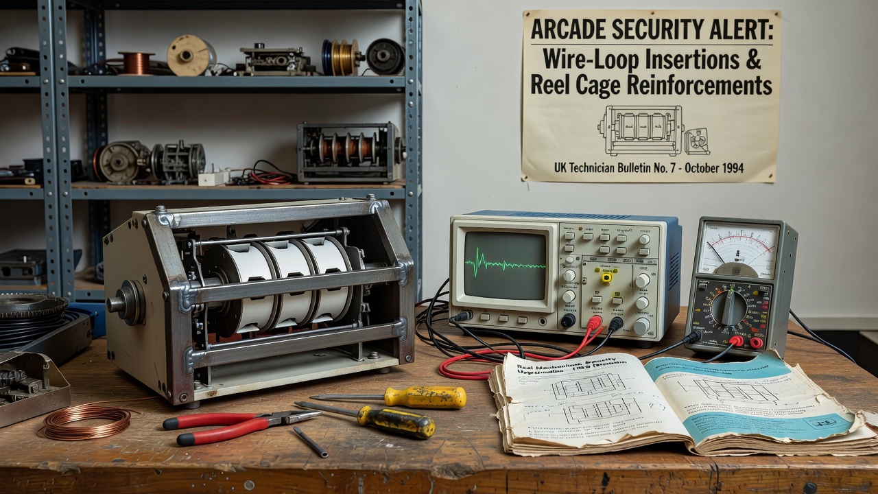 Early circuit diagnostic board connected to 1990s slot machine wiring for tamper detection