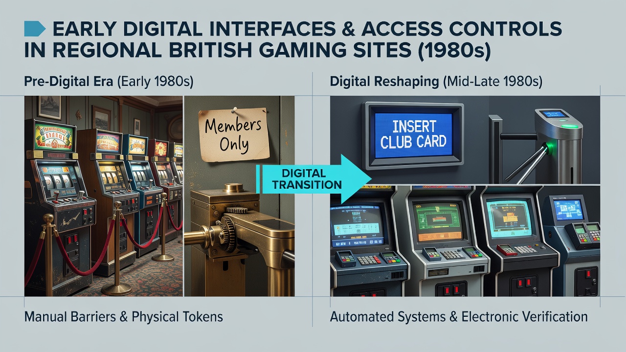 Technician using a digital interface on a vintage UK gaming machine from the 1980s with access control screen visible