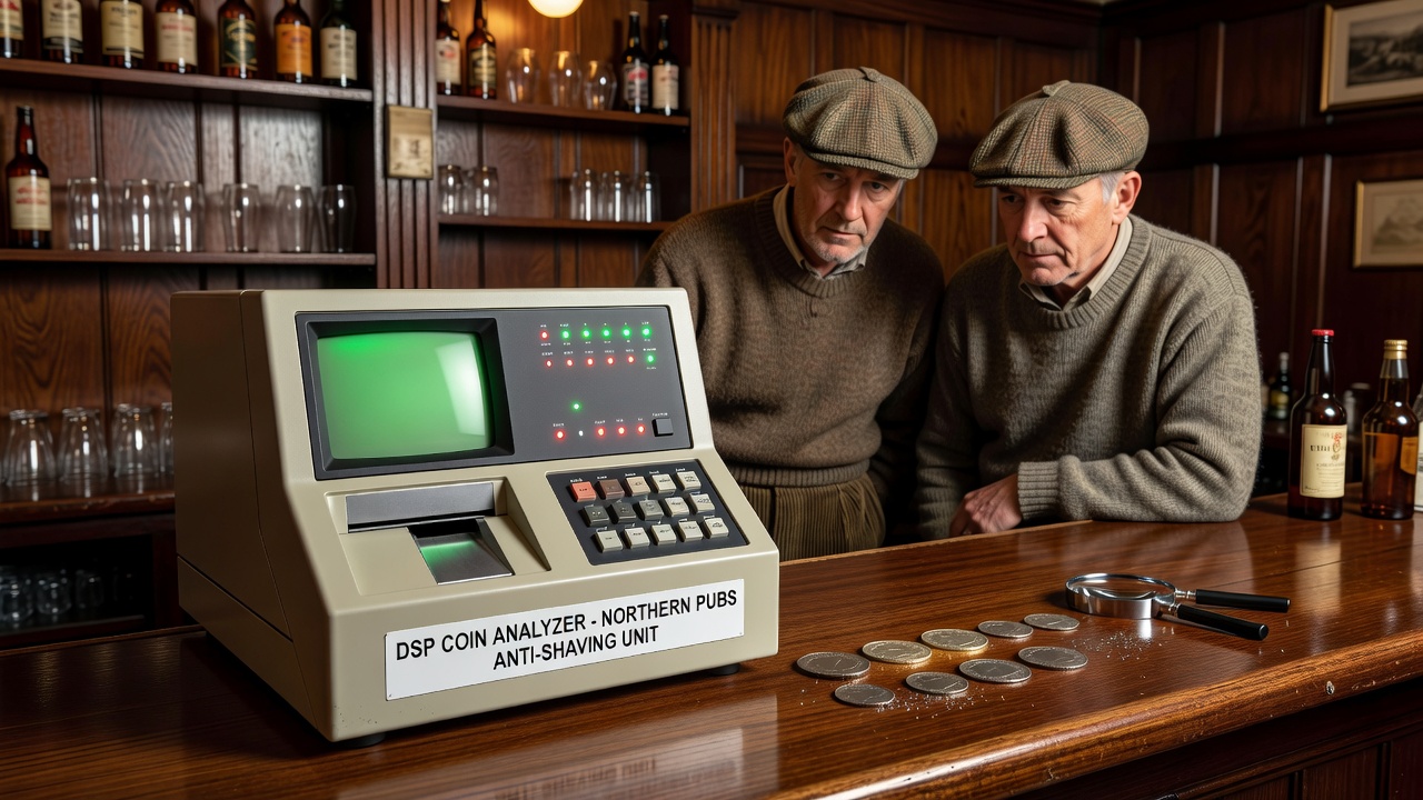 Technician calibrating DSP coin validator in a Yorkshire pub during the late 1980s