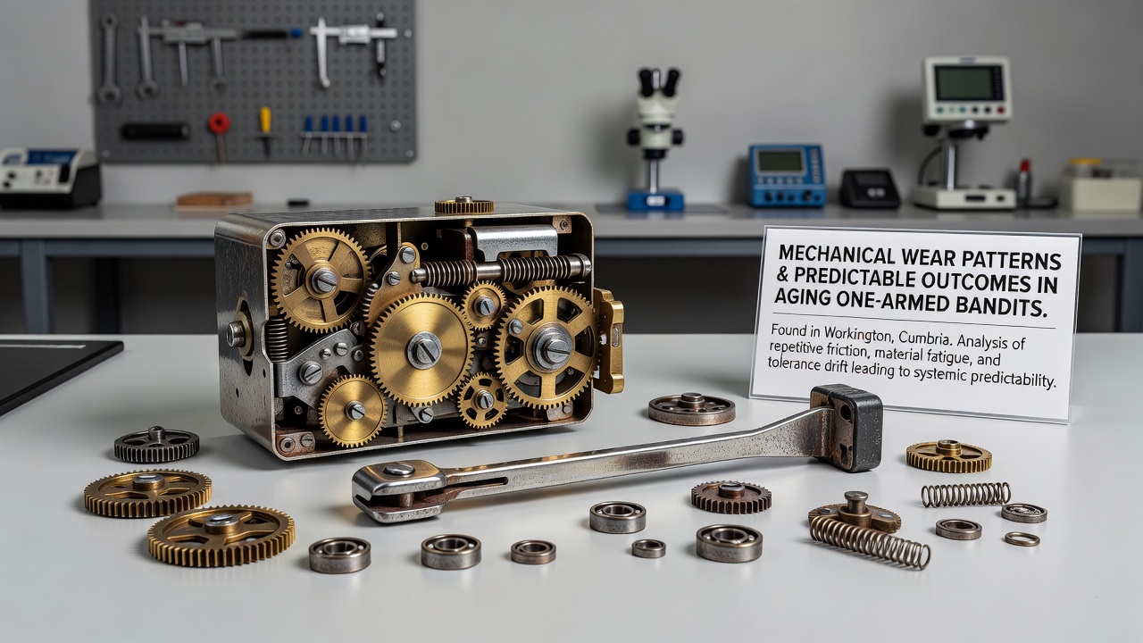Technician examining aged internal mechanisms of a fruit machine with tools laid out beside worn reels and springs