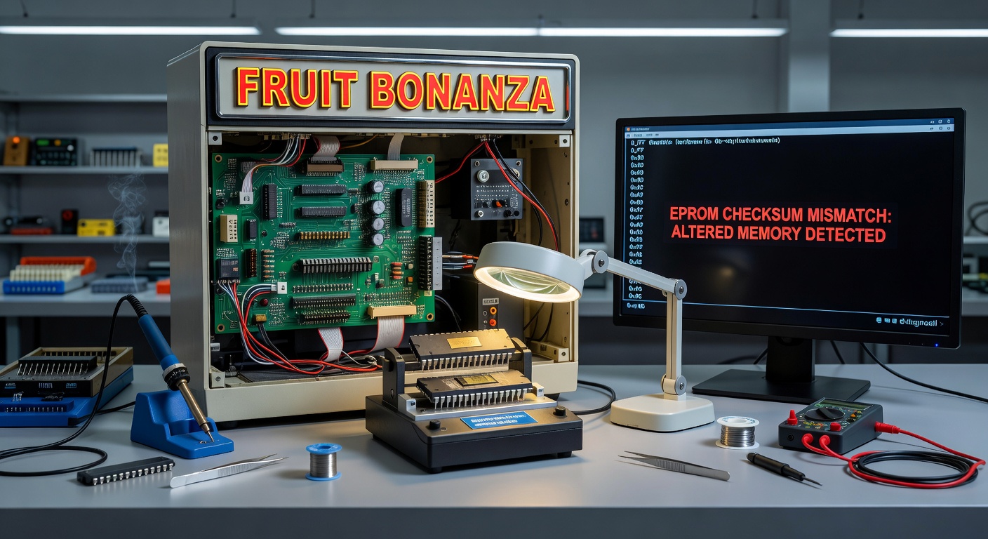 Diagnostic scan interface on a fruit machine service terminal displaying a red error for EPROM checksum mismatch, with technicians huddled around in a busy pub backroom