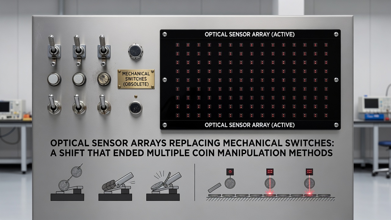 Close-up view of dual optical sensors monitoring coin trajectory in a validator unit