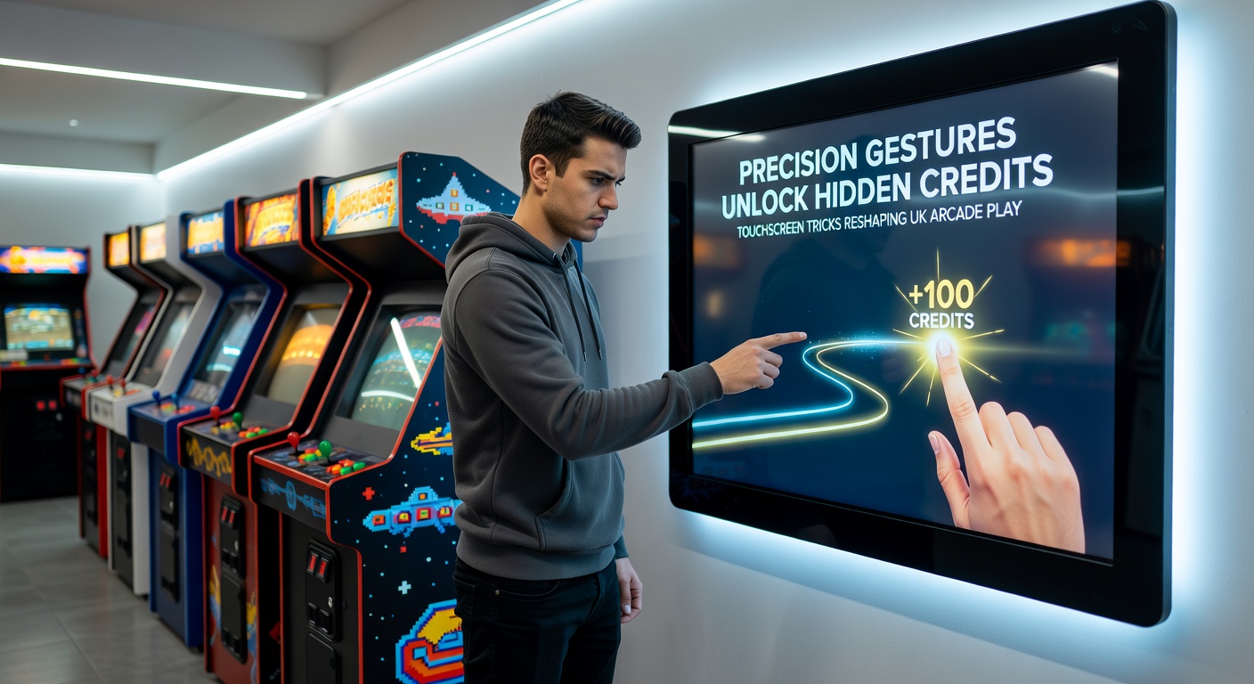 Vibrant UK arcade scene with multiple touchscreen slots in action, players huddled around one machine demonstrating a gesture trick to onlookers