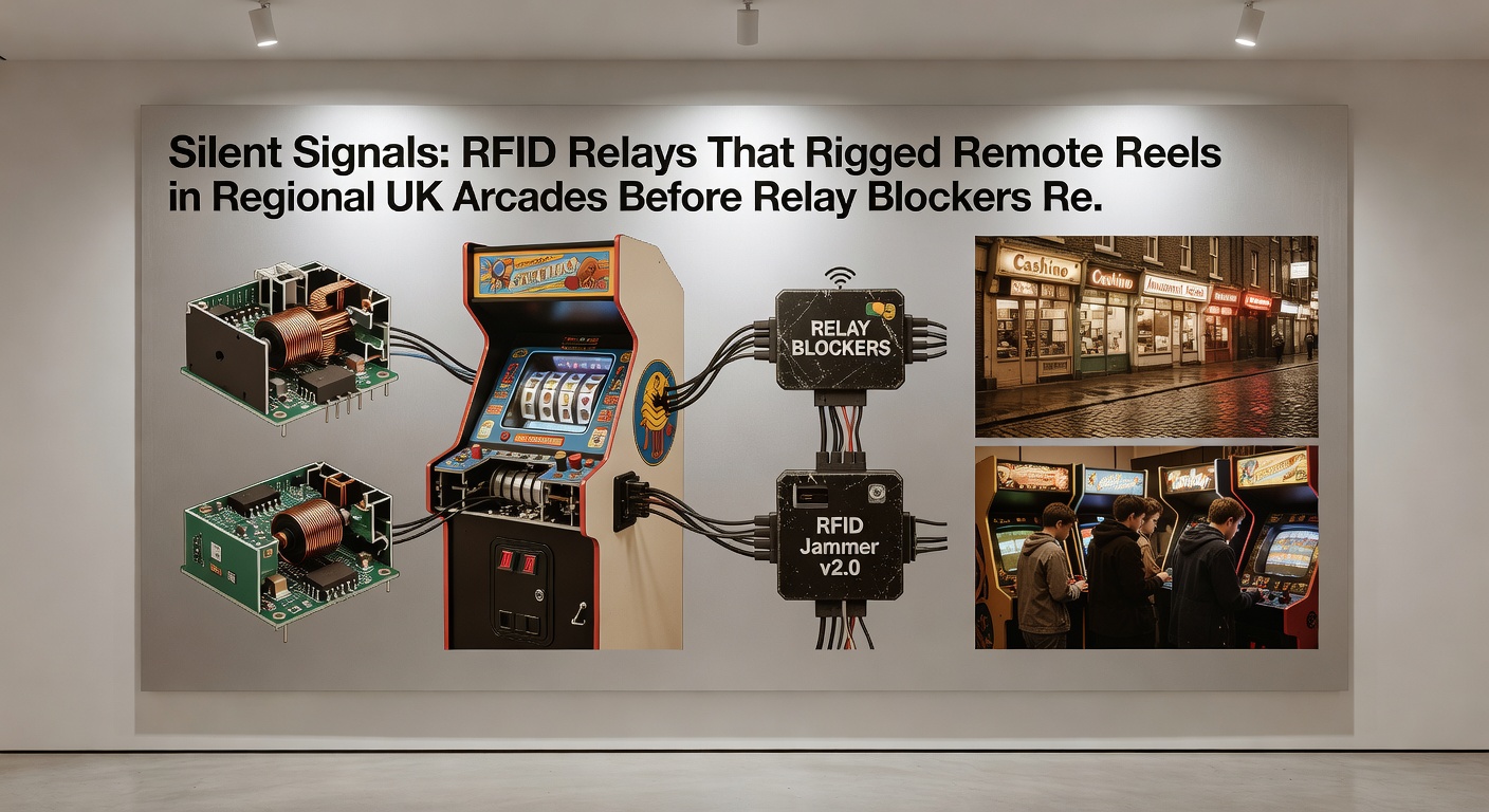 Arcade floor in a regional UK venue packed with fruit machines, security personnel scanning for hidden RFID signals with handheld detectors