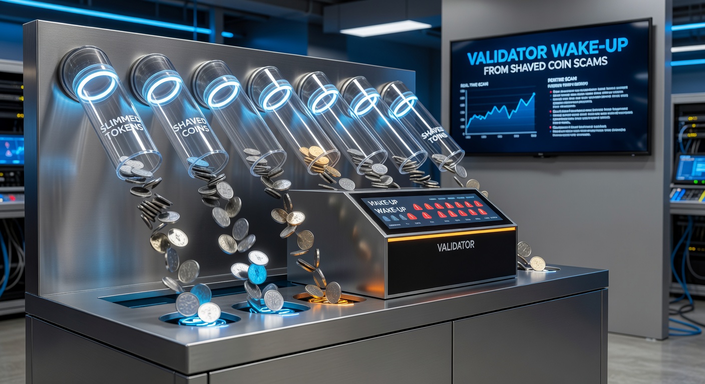 Advanced coin validator mechanism in action, displaying LED rejection of a shaved token mid-chute with multi-sensor array highlighted