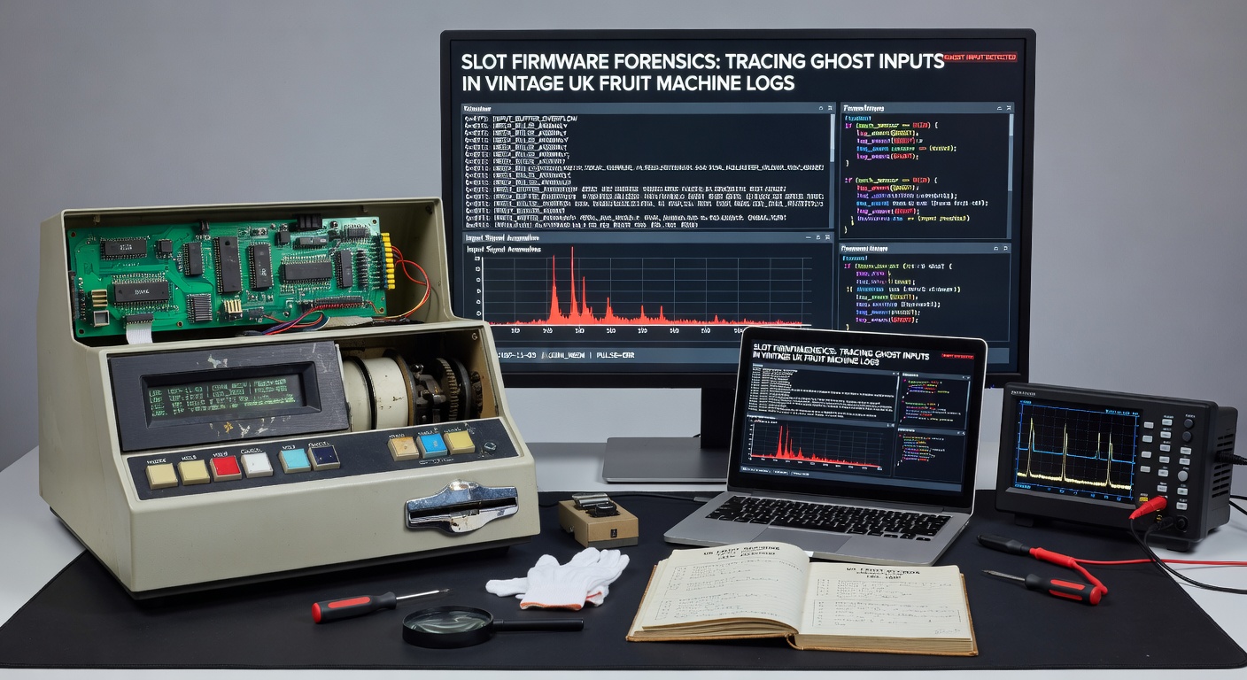 Screenshot of forensic software displaying vintage fruit machine log file with highlighted ghost input sequences in red, waveforms correlating phantom button presses to power fluctuations