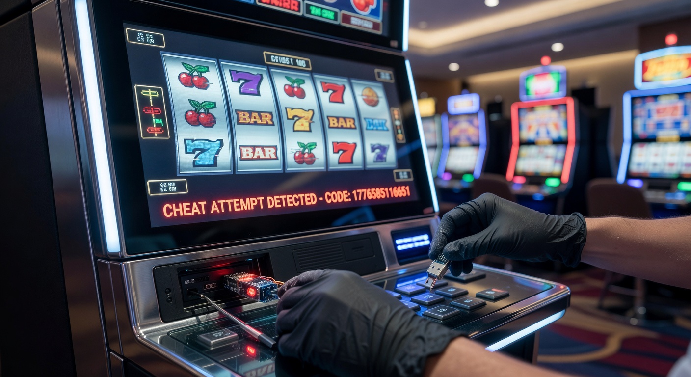 Close-up of a slot machine's service panel with exposed USB port and keypad, illustrating points of vulnerability for insider tampering