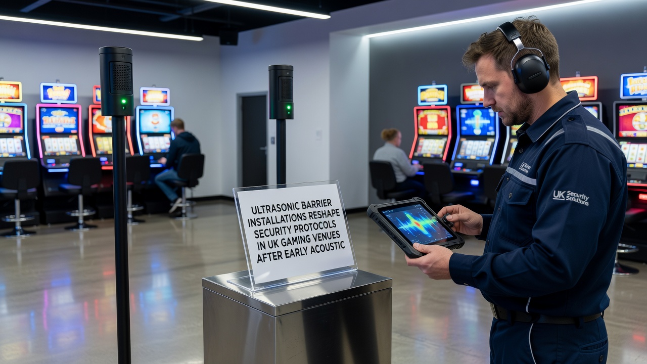 Close-up view of ultrasonic emitters mounted above slot machine banks in a UK arcade