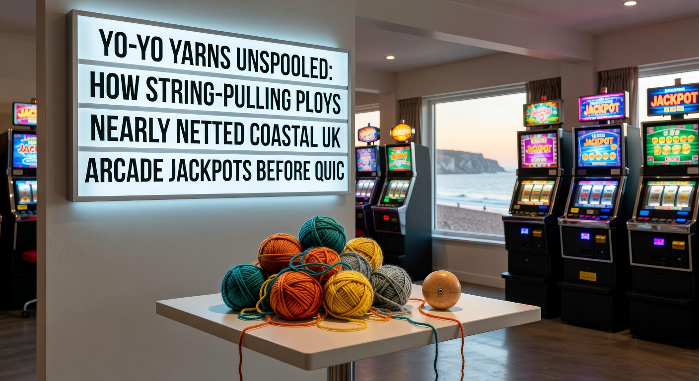 Vintage photo of arcade technicians installing reinforced hopper guards on fruit machines along a UK seaside boardwalk, post-yo-yo scam crackdown